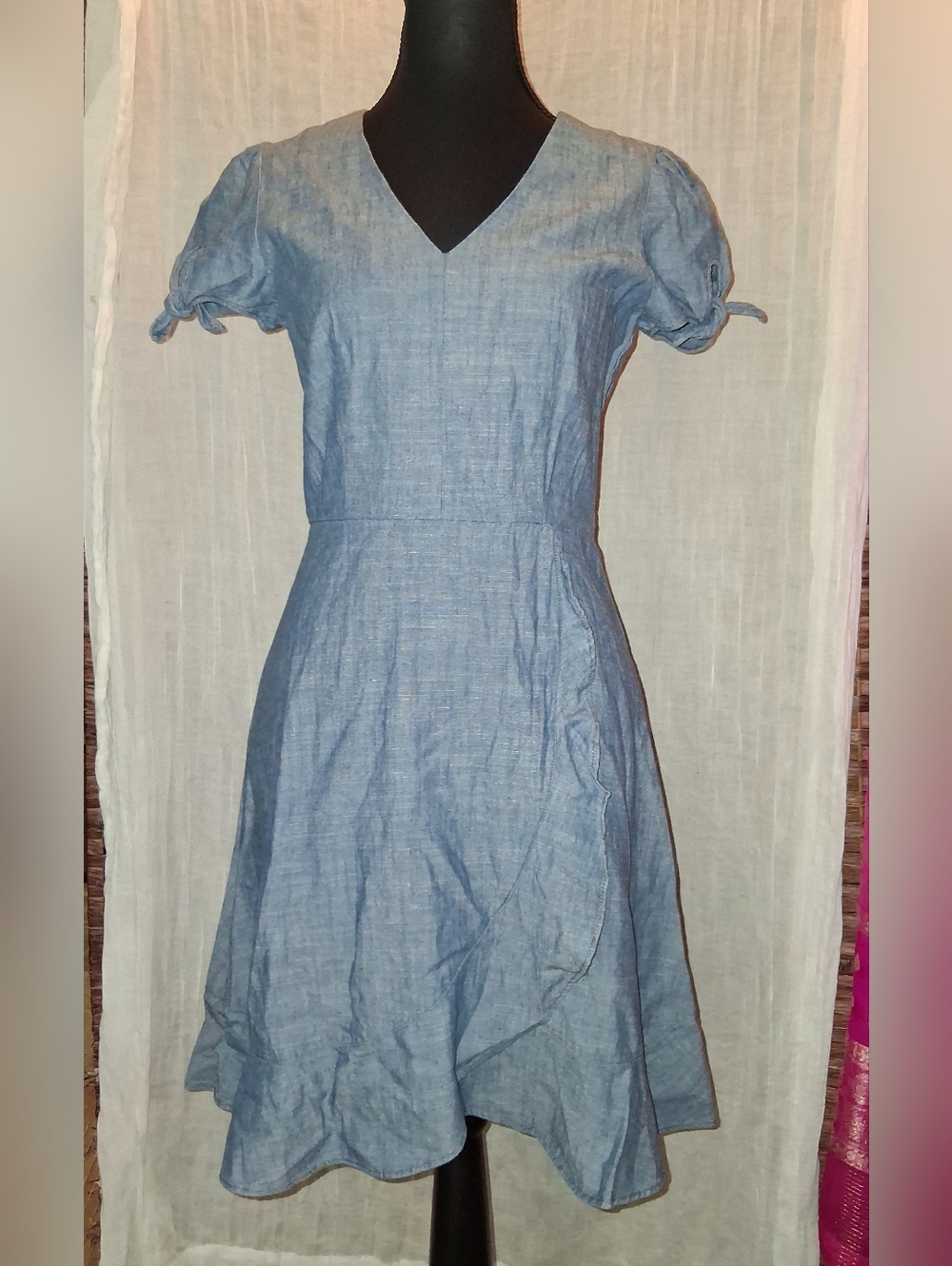J. Crew Chambray Blue V-Neck Midi Dress with Puff Sleeves